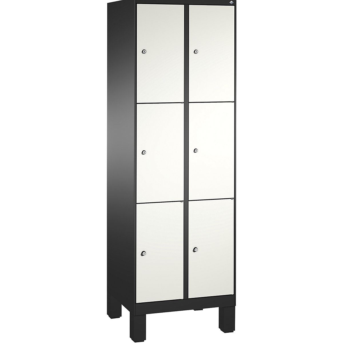 EVOLO locker unit, with feet – C+P, 2 compartments, 3 shelf compartments each, compartment width 300 mm, black grey / traffic white-13