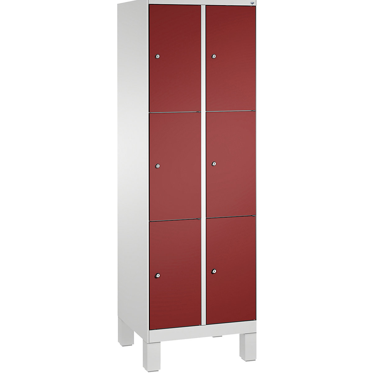 EVOLO locker unit, with feet – C+P, 2 compartments, 3 shelf compartments each, compartment width 300 mm, light grey / ruby red-8