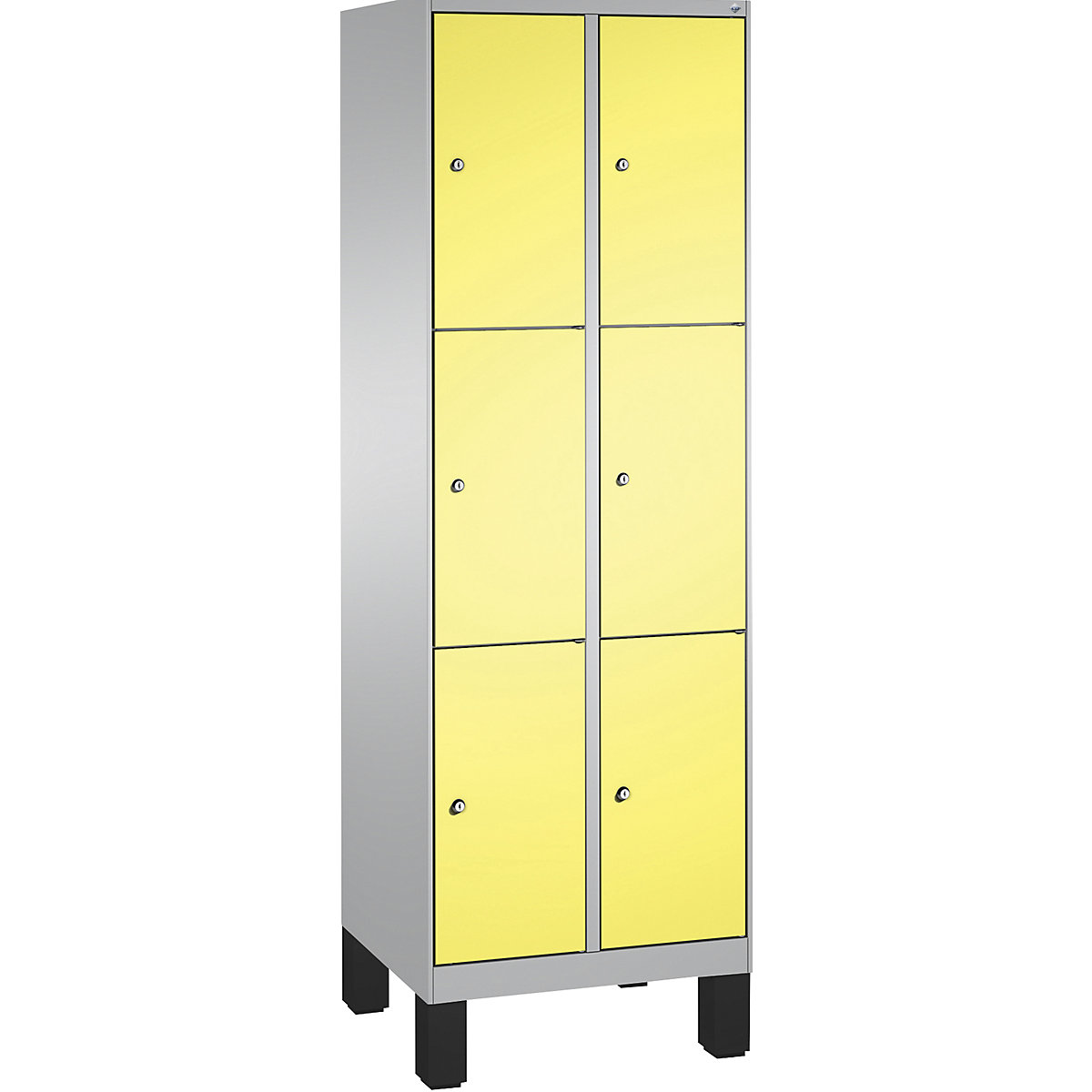 EVOLO locker unit, with feet – C+P, 2 compartments, 3 shelf compartments each, compartment width 300 mm, white aluminium / sulphur yellow-14