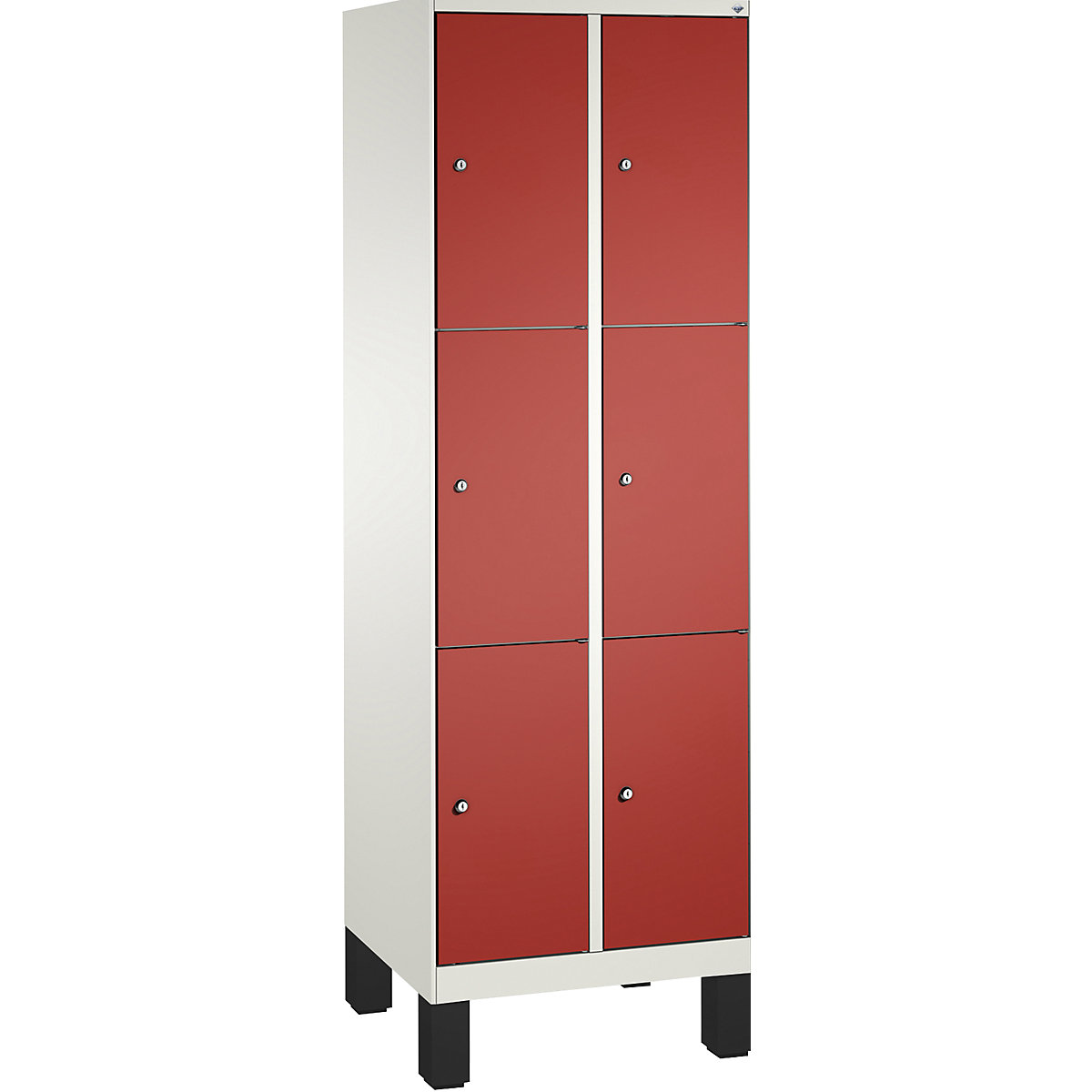 EVOLO locker unit, with feet – C+P, 2 compartments, 3 shelf compartments each, compartment width 300 mm, traffic white / flame red-12