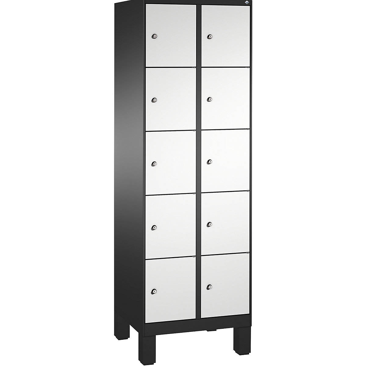 EVOLO locker unit, with feet – C+P, 2 compartments, 5 shelf compartments each, compartment width 300 mm, black grey / light grey-9