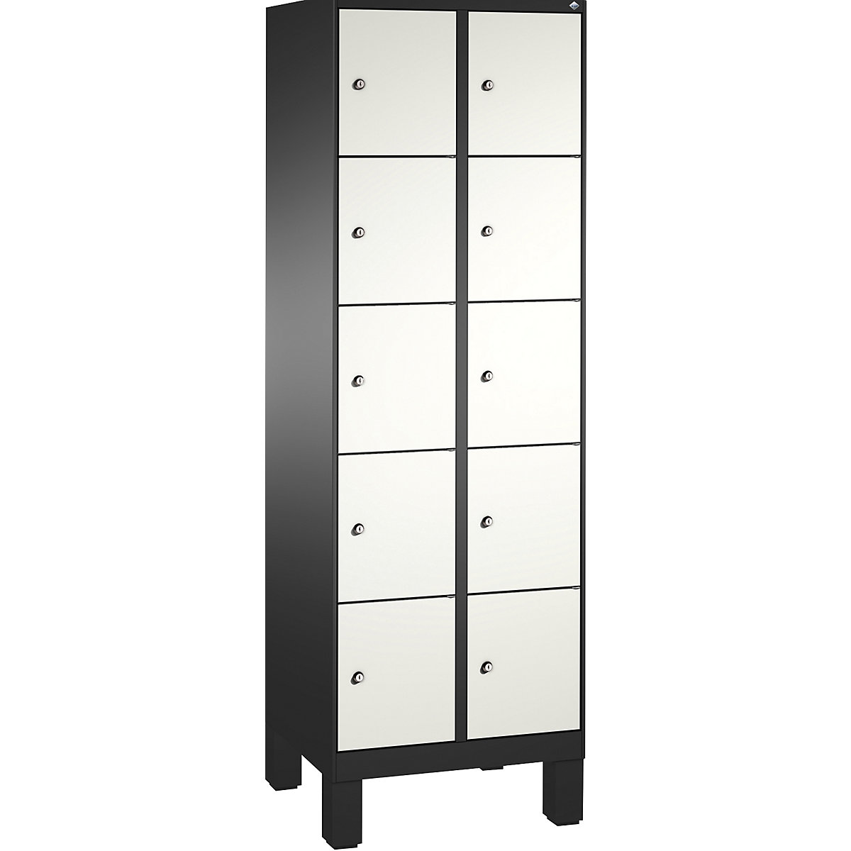 EVOLO locker unit, with feet – C+P, 2 compartments, 5 shelf compartments each, compartment width 300 mm, black grey / traffic white-3