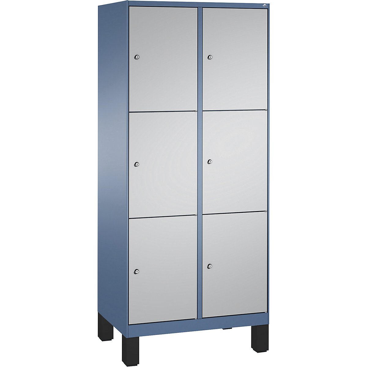 EVOLO locker unit, with feet – C+P, 2 compartments, 3 shelf compartments each, compartment width 400 mm, distant blue / white aluminium