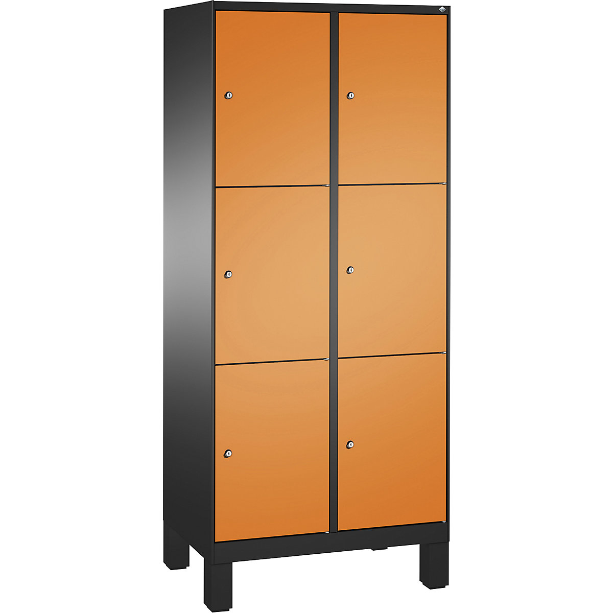 EVOLO locker unit, with feet – C+P, 2 compartments, 3 shelf compartments each, compartment width 400 mm, black grey / yellow orange