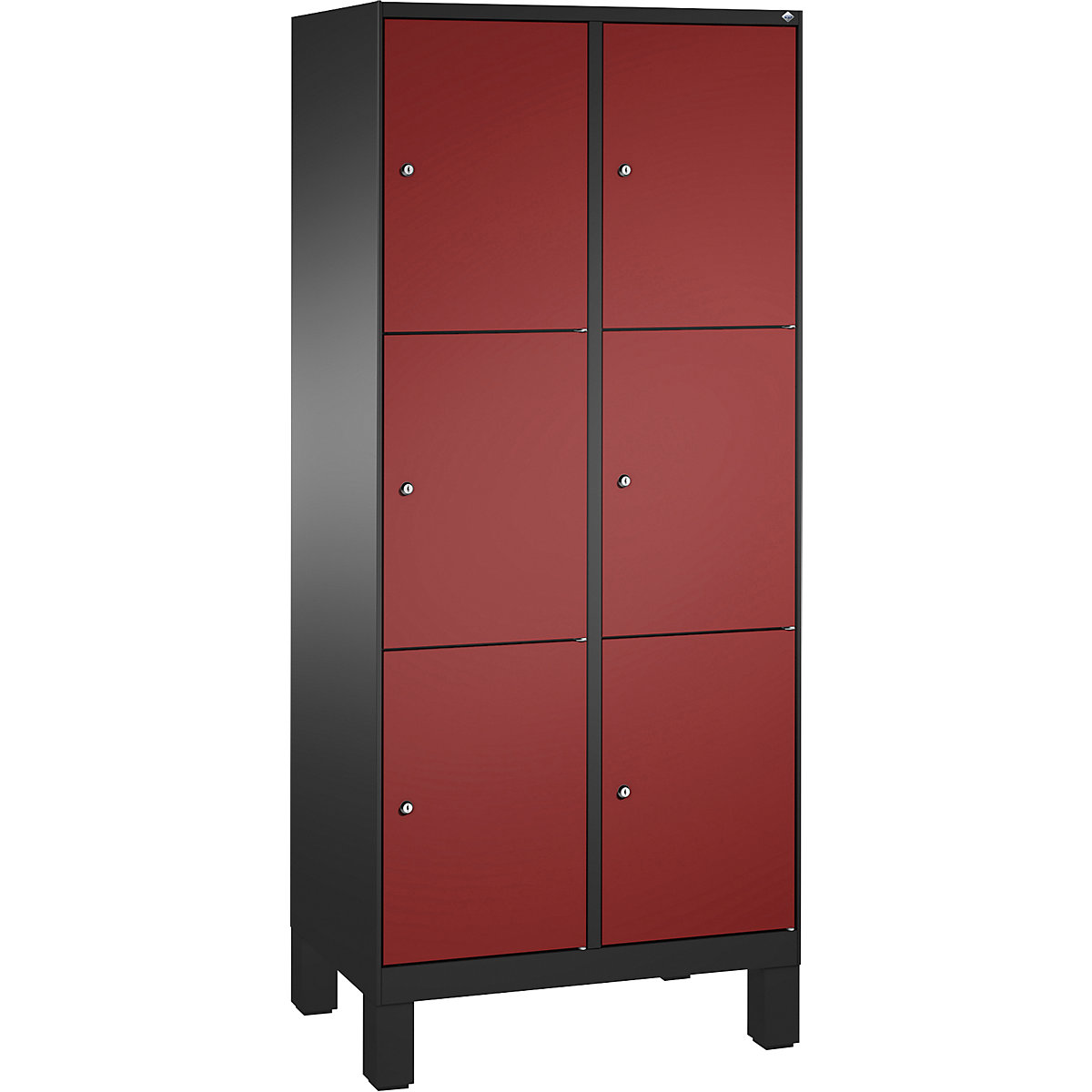 EVOLO locker unit, with feet – C+P, 2 compartments, 3 shelf compartments each, compartment width 400 mm, black grey / ruby red