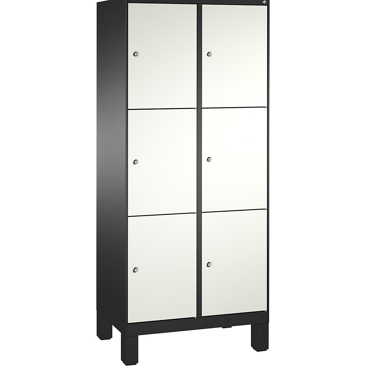 EVOLO locker unit, with feet – C+P, 2 compartments, 3 shelf compartments each, compartment width 400 mm, black grey / traffic white
