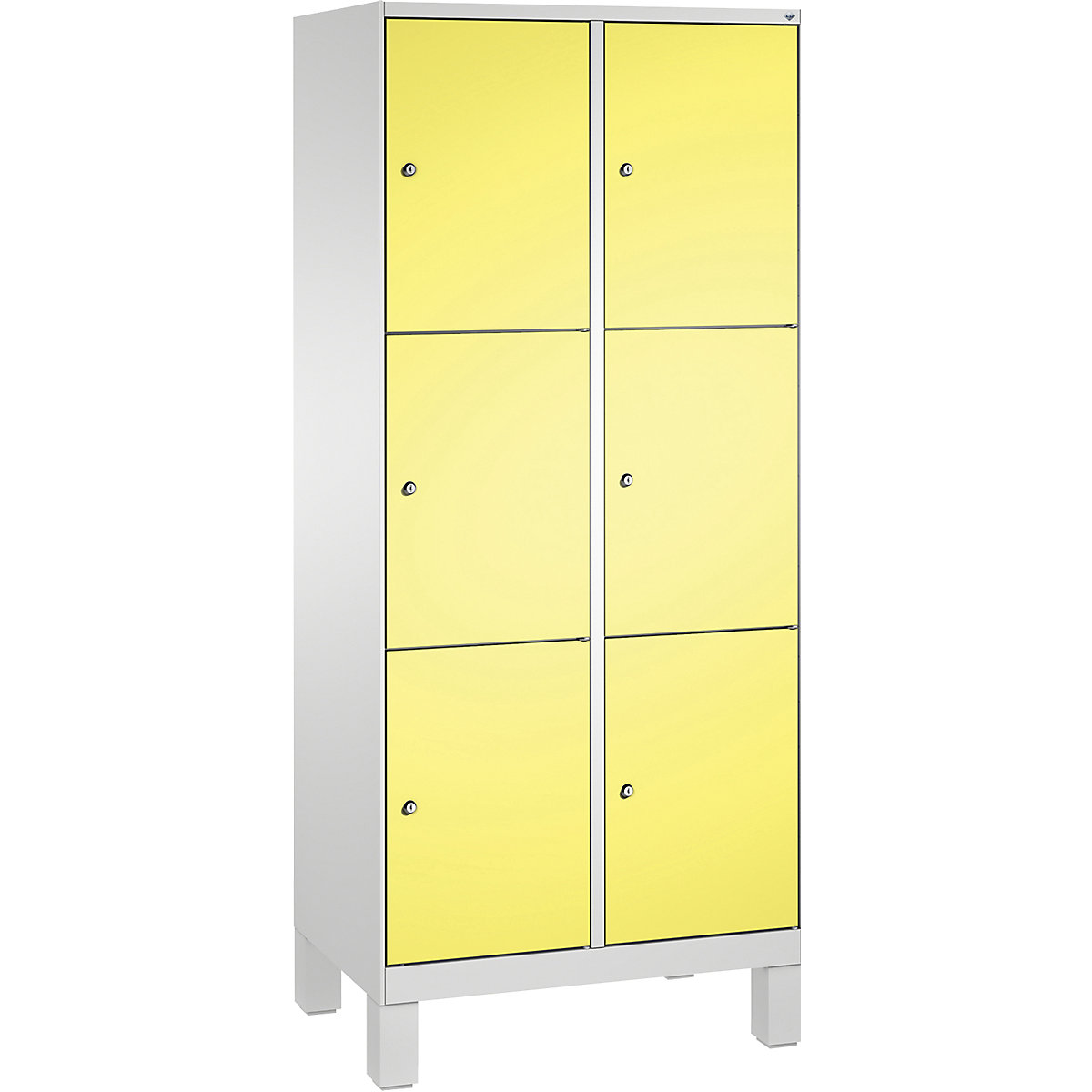 EVOLO locker unit, with feet – C+P, 2 compartments, 3 shelf compartments each, compartment width 400 mm, light grey / sulphur yellow