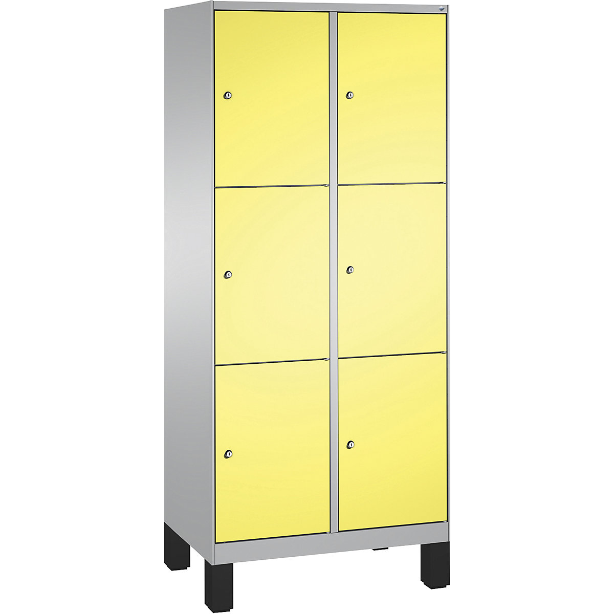 EVOLO locker unit, with feet – C+P, 2 compartments, 3 shelf compartments each, compartment width 400 mm, white aluminium / sulphur yellow-9