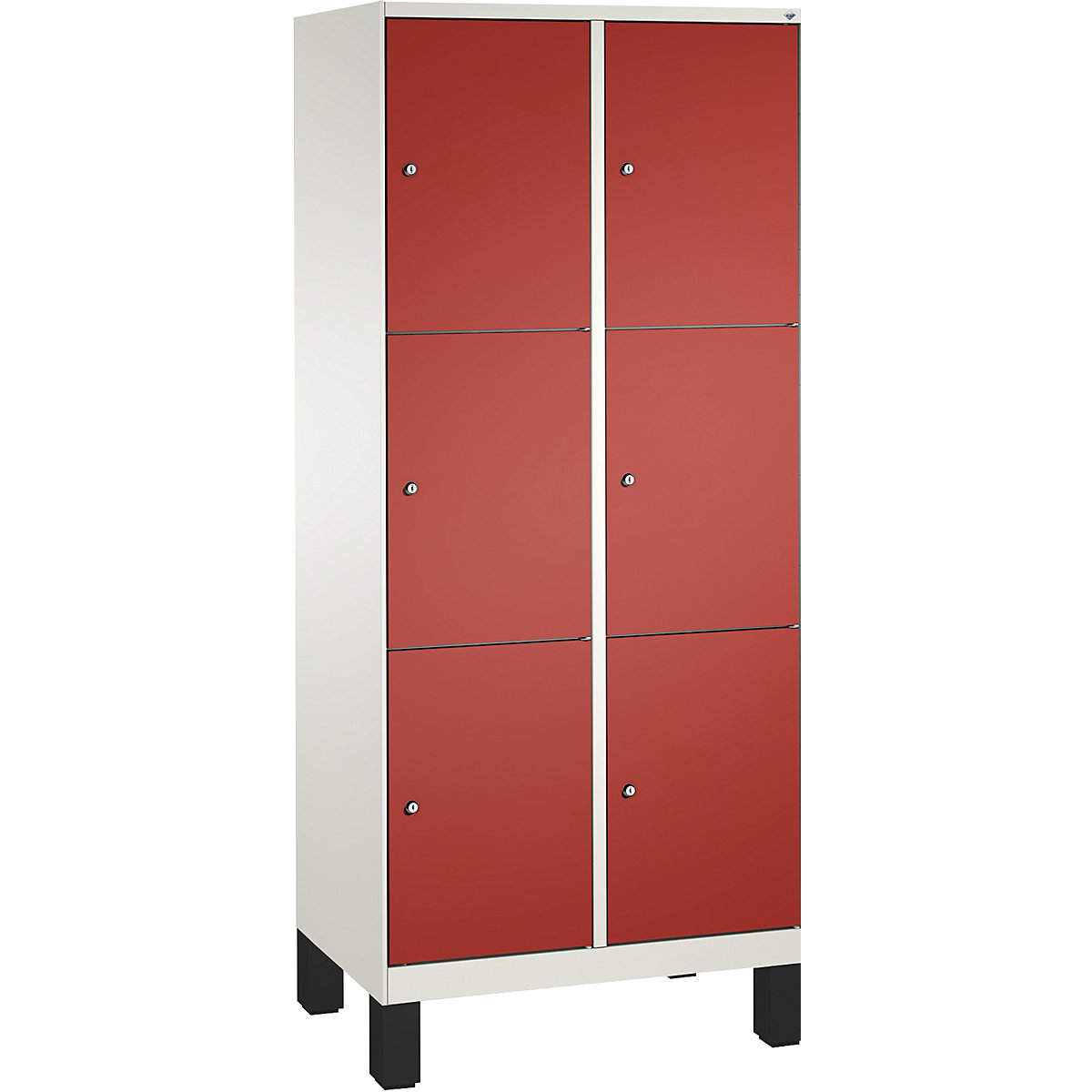 EVOLO locker unit, with feet – C+P, 2 compartments, 3 shelf compartments each, compartment width 400 mm, traffic white / flame red