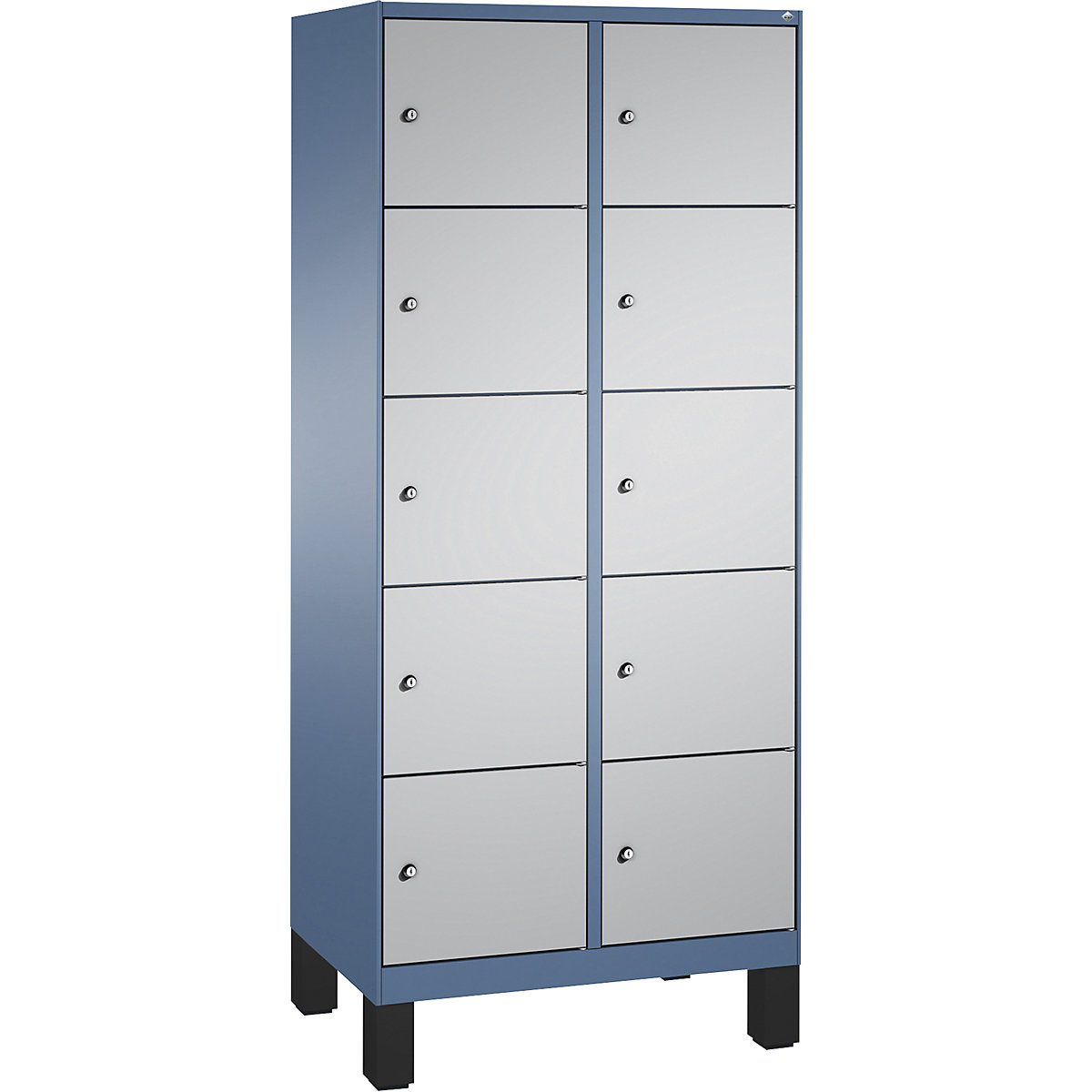 EVOLO locker unit, with feet – C+P, 2 compartments, 5 shelf compartments each, compartment width 400 mm, distant blue / white aluminium-13