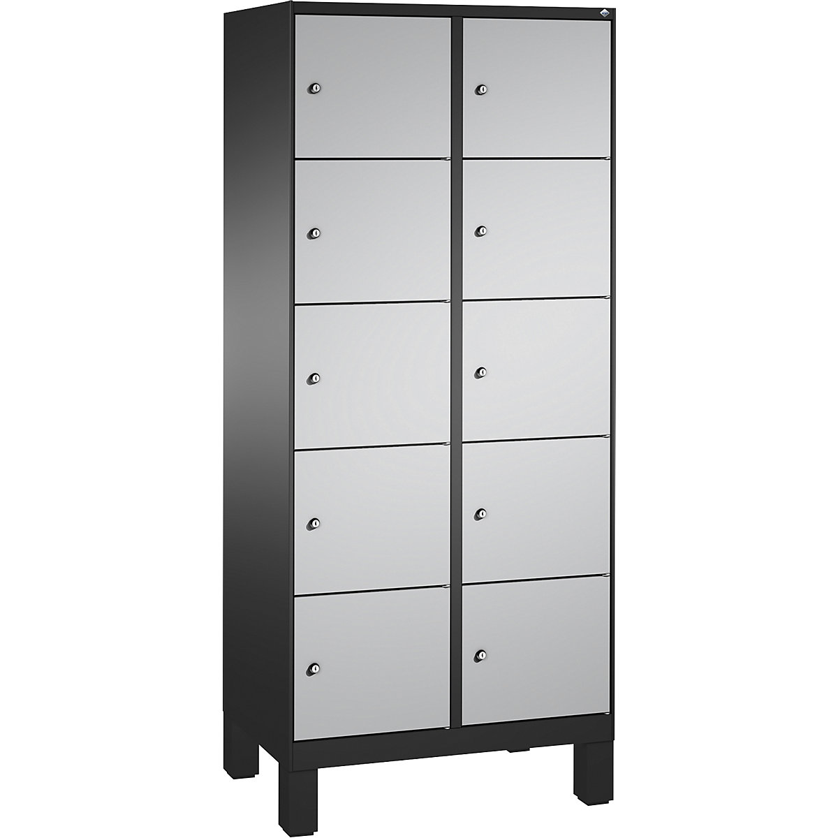 EVOLO locker unit, with feet – C+P, 2 compartments, 5 shelf compartments each, compartment width 400 mm, black grey / white aluminium-5