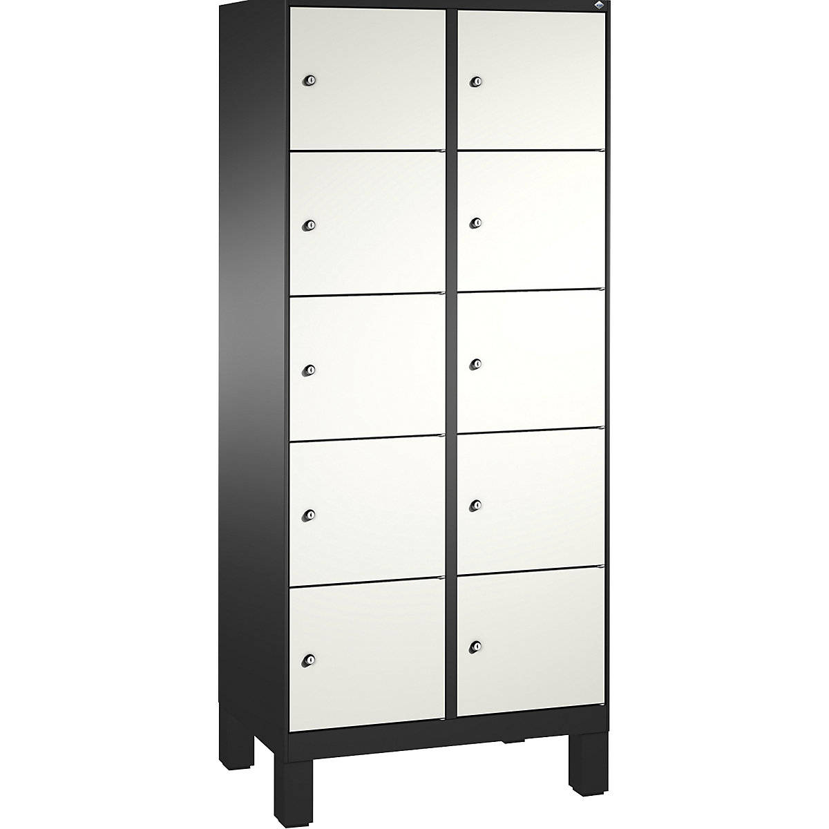 EVOLO locker unit, with feet – C+P, 2 compartments, 5 shelf compartments each, compartment width 400 mm, black grey / traffic white-6