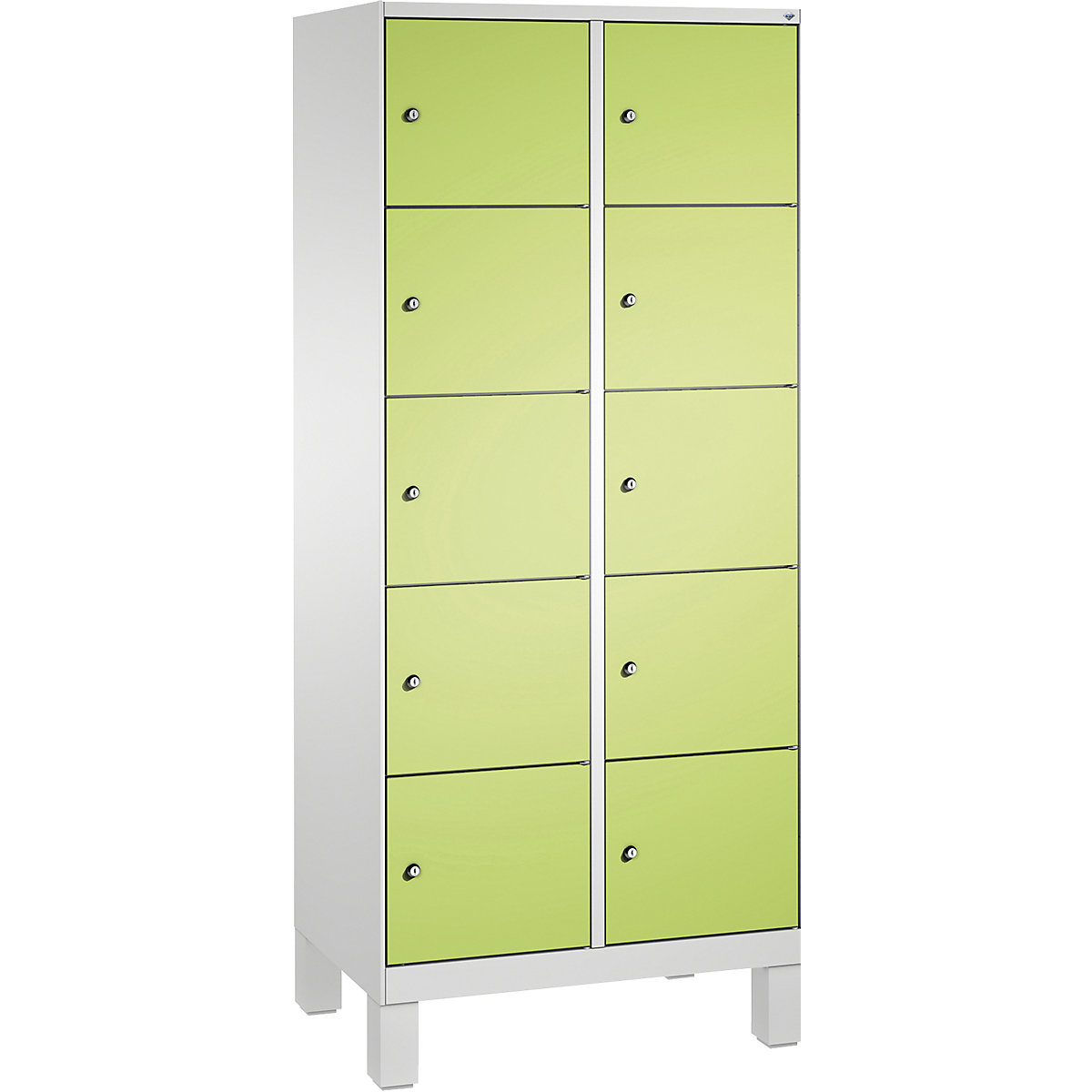 EVOLO locker unit, with feet – C+P, 2 compartments, 5 shelf compartments each, compartment width 400 mm, light grey / viridian green-12