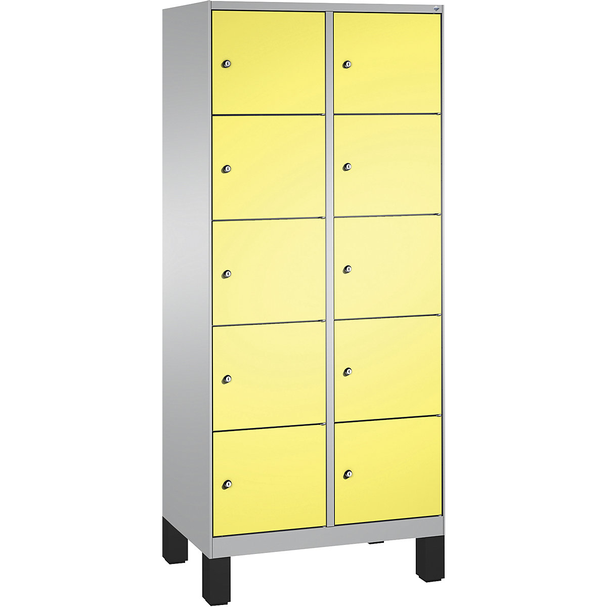 EVOLO locker unit, with feet – C+P, 2 compartments, 5 shelf compartments each, compartment width 400 mm, white aluminium / sulphur yellow-7