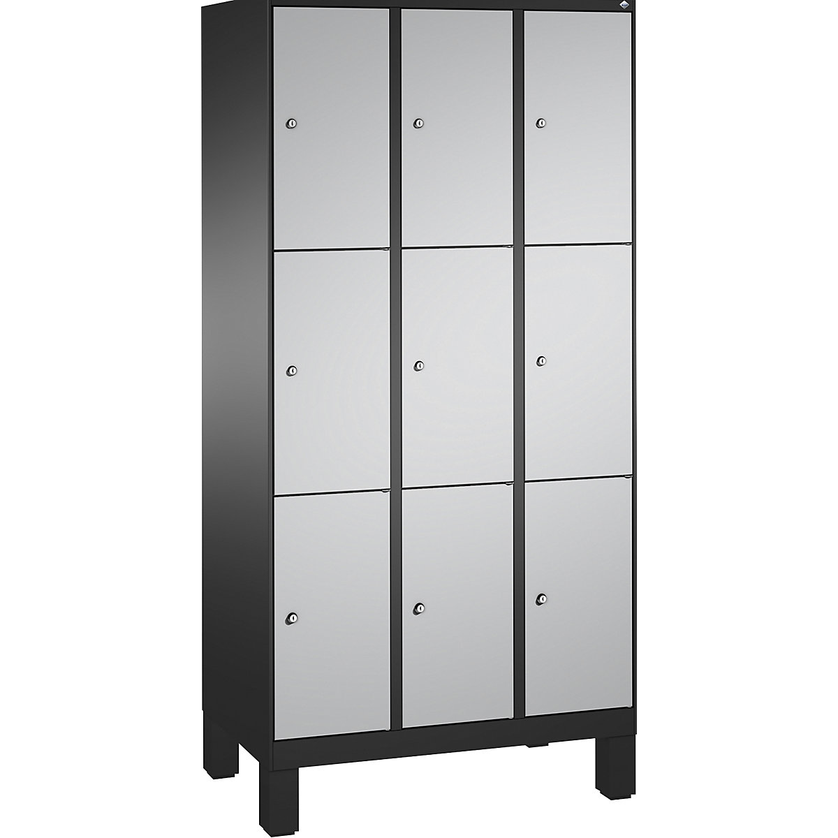 EVOLO locker unit, with feet – C+P, 3 compartments, 3 shelf compartments each, compartment width 300 mm, black grey / white aluminium-6