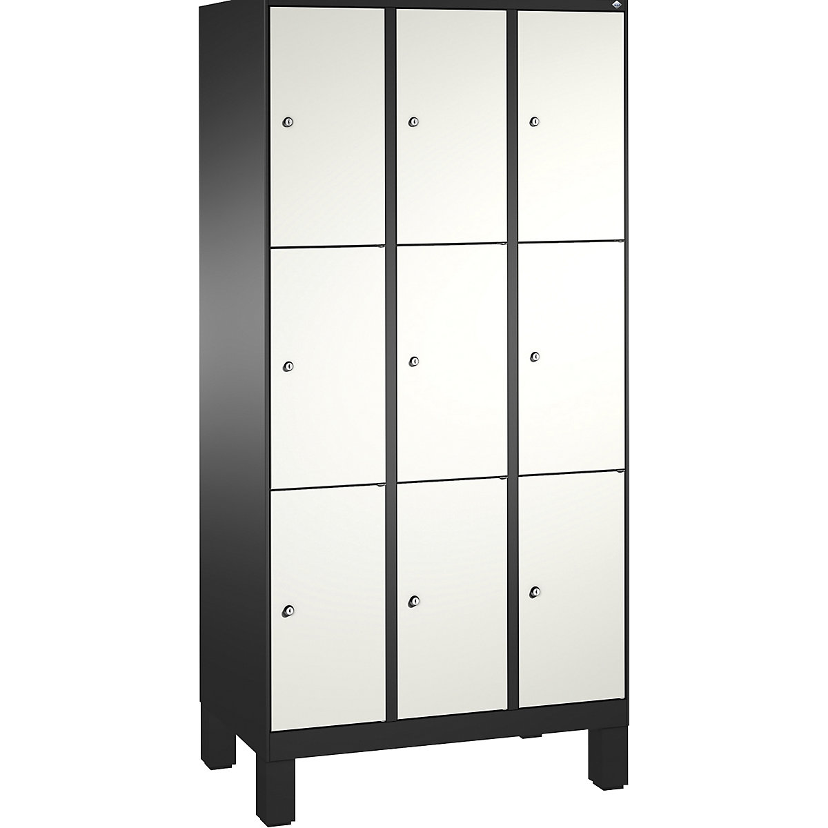 EVOLO locker unit, with feet – C+P, 3 compartments, 3 shelf compartments each, compartment width 300 mm, black grey / traffic white-9