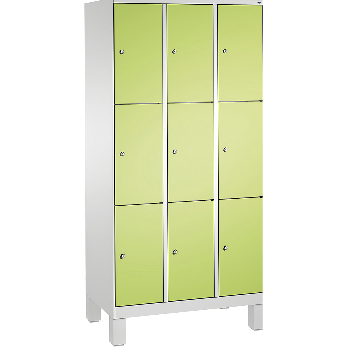 EVOLO locker unit, with feet – C+P, 3 compartments, 3 shelf compartments each, compartment width 300 mm, light grey / viridian green-5