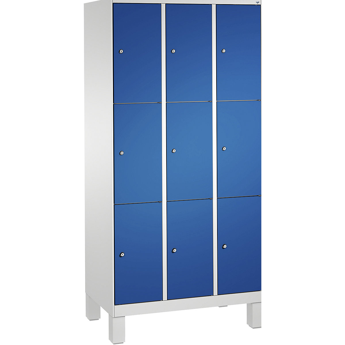 EVOLO locker unit, with feet – C+P, 3 compartments, 3 shelf compartments each, compartment width 300 mm, light grey / gentian blue-14