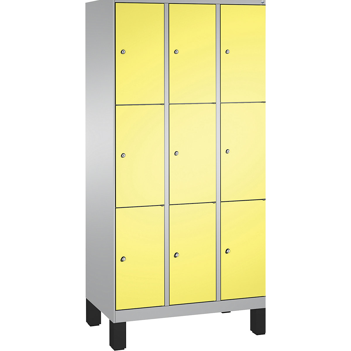 EVOLO locker unit, with feet – C+P, 3 compartments, 3 shelf compartments each, compartment width 300 mm, white aluminium / sulphur yellow-11