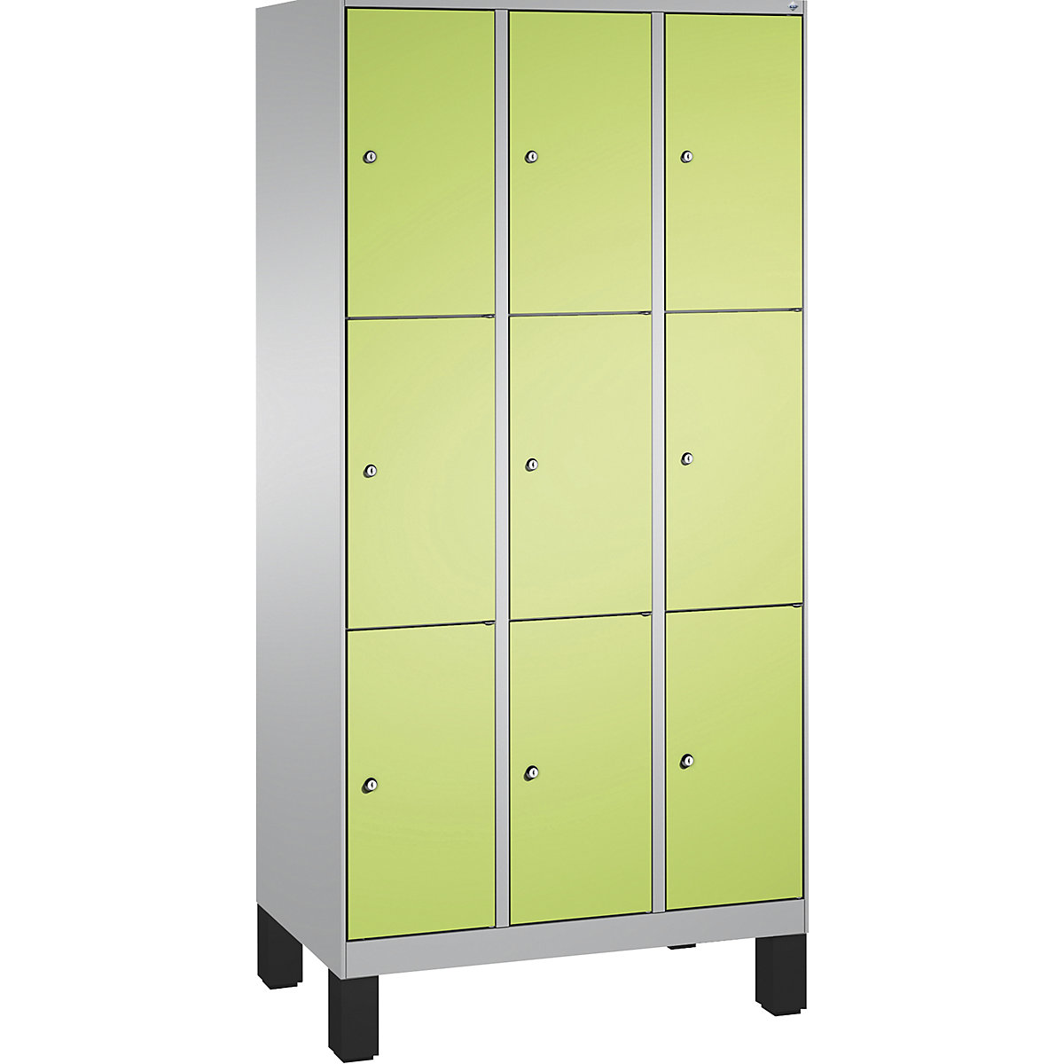 EVOLO locker unit, with feet – C+P, 3 compartments, 3 shelf compartments each, compartment width 300 mm, white aluminium / viridian green-7