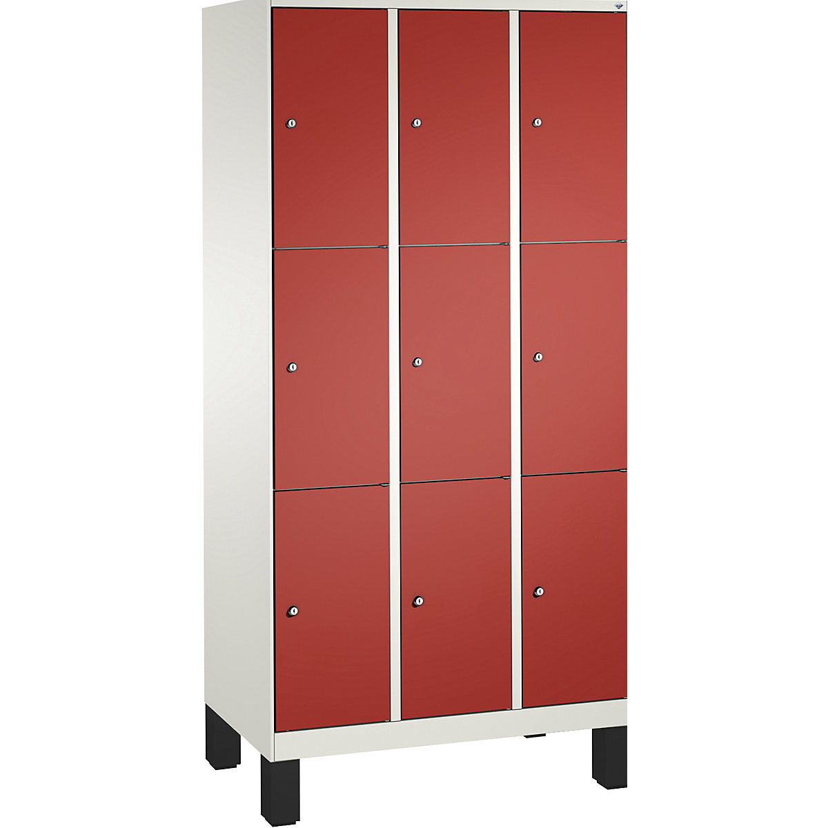 EVOLO locker unit, with feet – C+P, 3 compartments, 3 shelf compartments each, compartment width 300 mm, traffic white / flame red-8