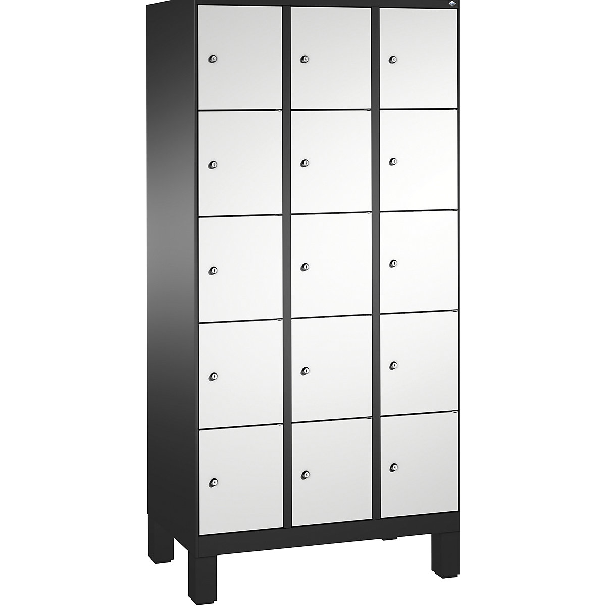 EVOLO locker unit, with feet – C+P, 3 compartments, 5 shelf compartments each, compartment width 300 mm, black grey / light grey-14