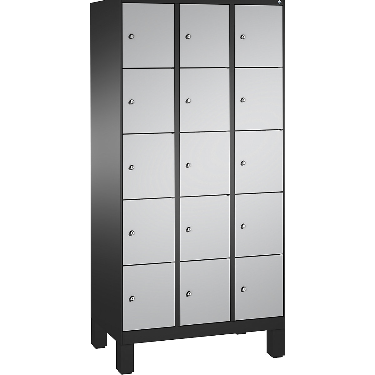EVOLO locker unit, with feet – C+P, 3 compartments, 5 shelf compartments each, compartment width 300 mm, black grey / white aluminium-12