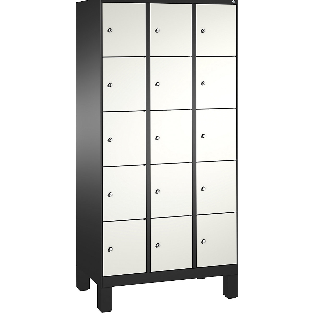EVOLO locker unit, with feet – C+P, 3 compartments, 5 shelf compartments each, compartment width 300 mm, black grey / traffic white-6