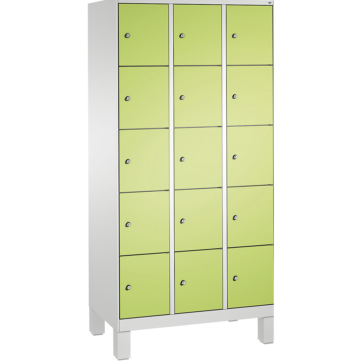 EVOLO locker unit, with feet – C+P, 3 compartments, 5 shelf compartments each, compartment width 300 mm, light grey / viridian green-10