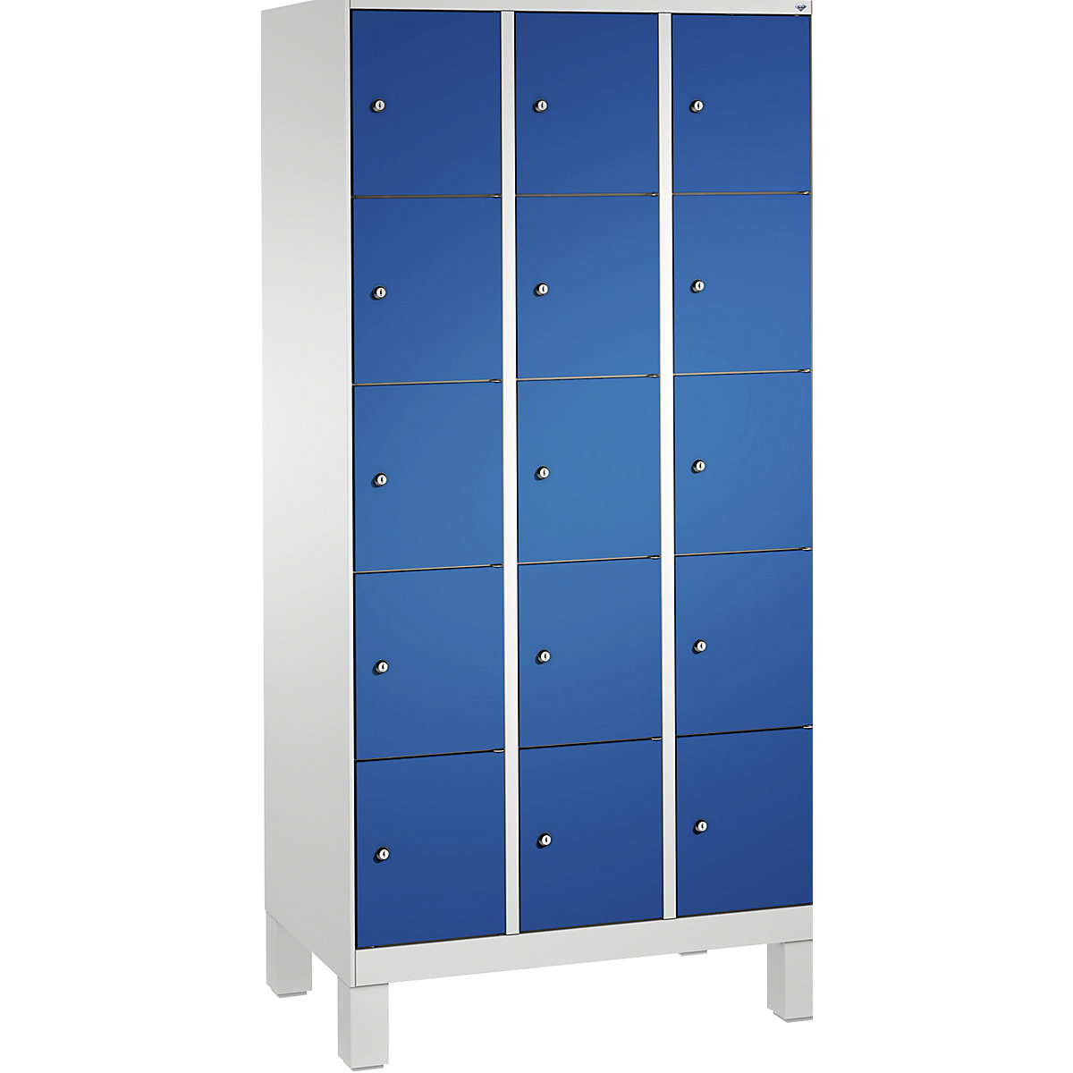EVOLO locker unit, with feet – C+P, 3 compartments, 5 shelf compartments each, compartment width 300 mm, light grey / gentian blue-3