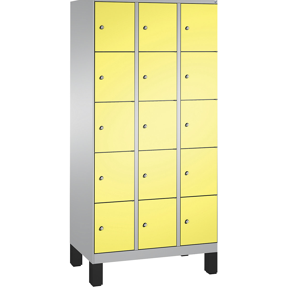 EVOLO locker unit, with feet – C+P, 3 compartments, 5 shelf compartments each, compartment width 300 mm, white aluminium / sulphur yellow-2