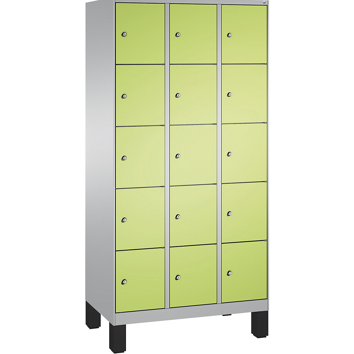EVOLO locker unit, with feet – C+P, 3 compartments, 5 shelf compartments each, compartment width 300 mm, white aluminium / viridian green-8
