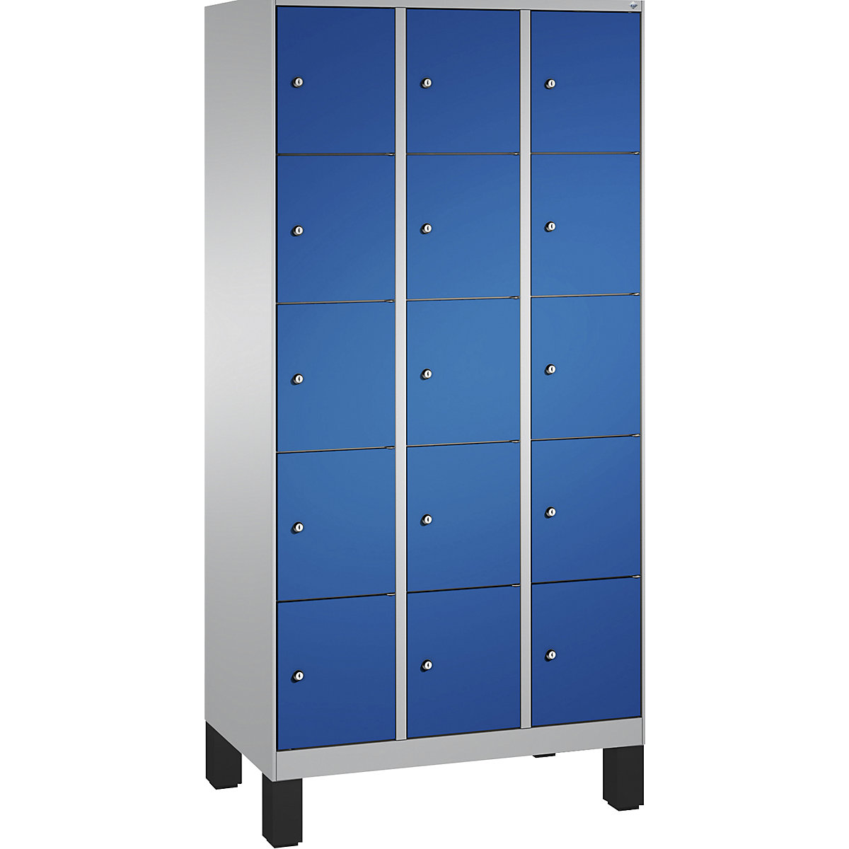 EVOLO locker unit, with feet – C+P, 3 compartments, 5 shelf compartments each, compartment width 300 mm, white aluminium / gentian blue-11