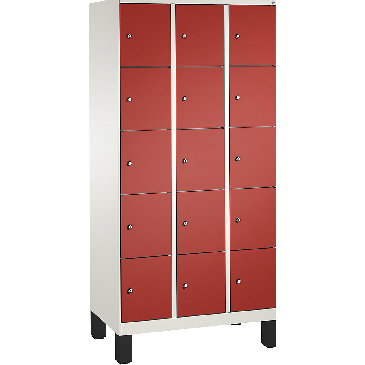 EVOLO locker unit, with feet – C+P, 3 compartments, 5 shelf compartments each, compartment width 300 mm, traffic white / flame red-7