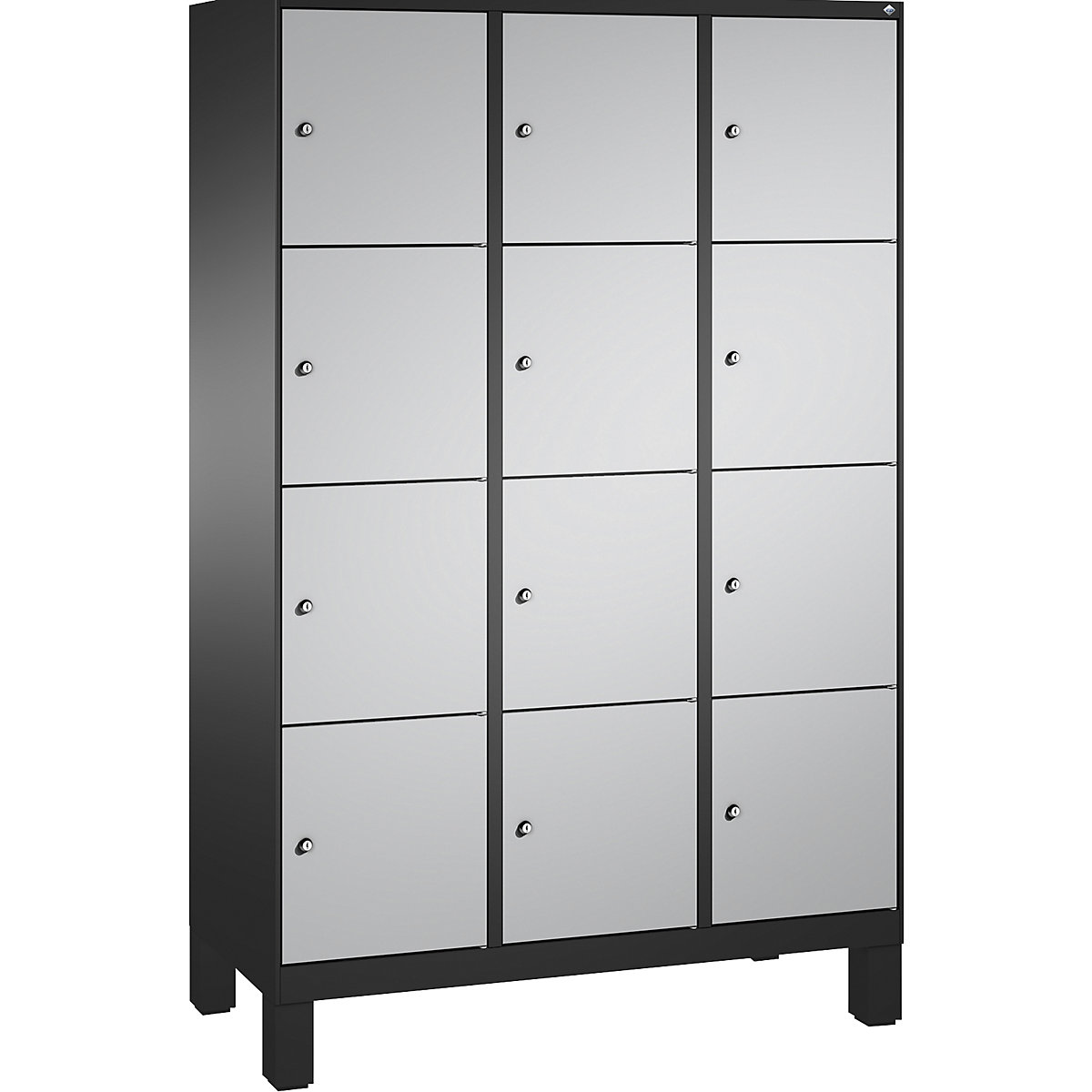 EVOLO locker unit, with feet – C+P, 3 compartments, 4 shelf compartments each, compartment width 400 mm, black grey / white aluminium-17