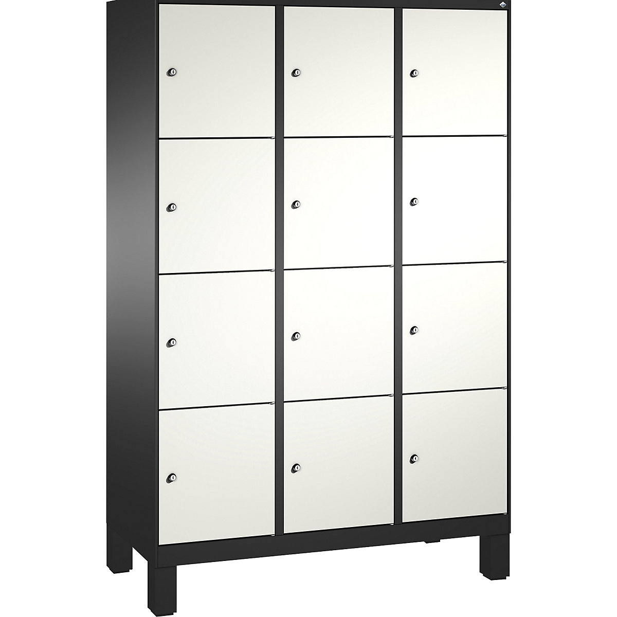 EVOLO locker unit, with feet – C+P, 3 compartments, 4 shelf compartments each, compartment width 400 mm, black grey / traffic white-12