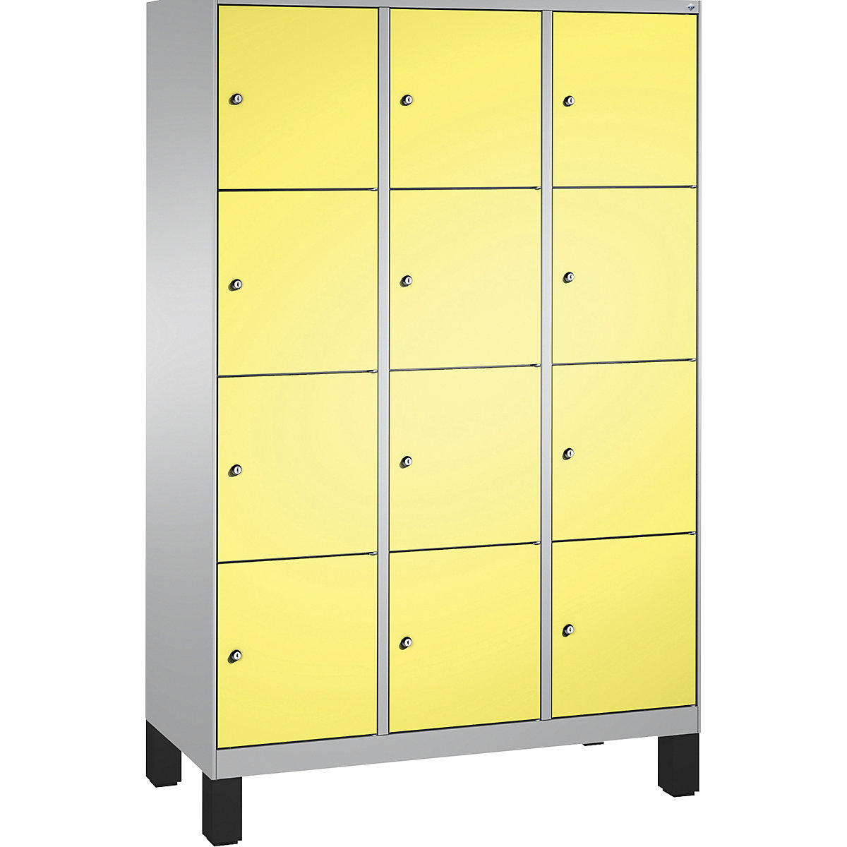 EVOLO locker unit, with feet – C+P, 3 compartments, 4 shelf compartments each, compartment width 400 mm, white aluminium / sulphur yellow-5