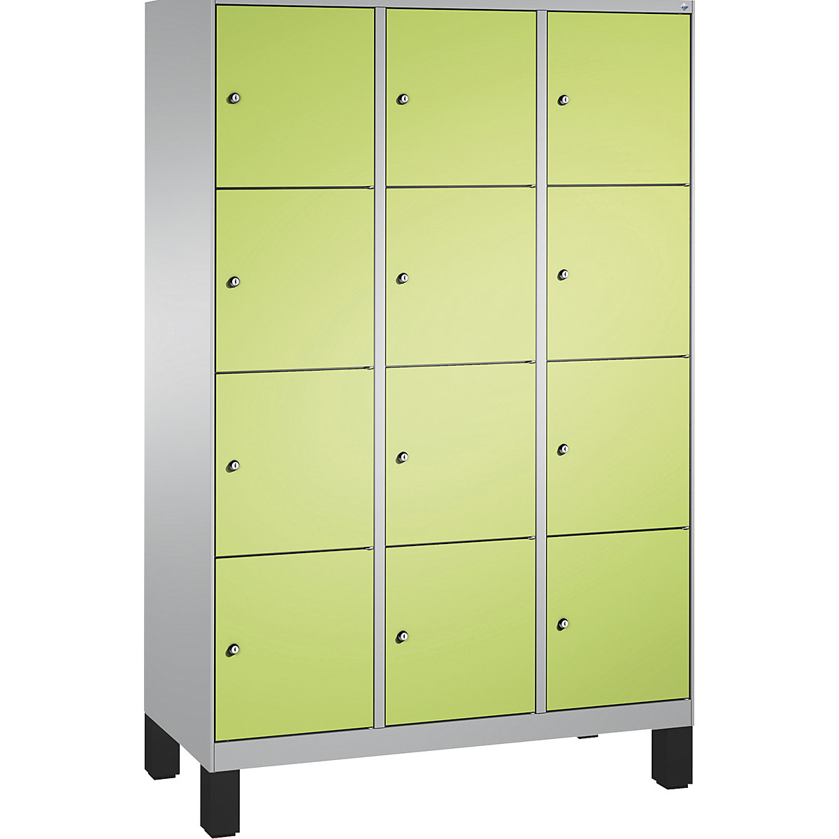 EVOLO locker unit, with feet – C+P, 3 compartments, 4 shelf compartments each, compartment width 400 mm, white aluminium / viridian green-3