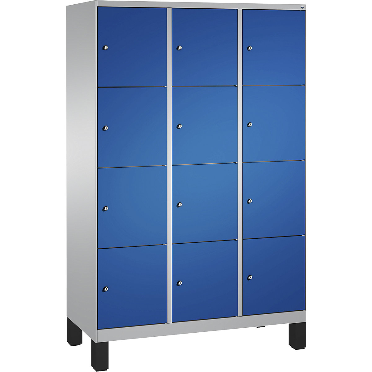 EVOLO locker unit, with feet – C+P, 3 compartments, 4 shelf compartments each, compartment width 400 mm, white aluminium / gentian blue-14