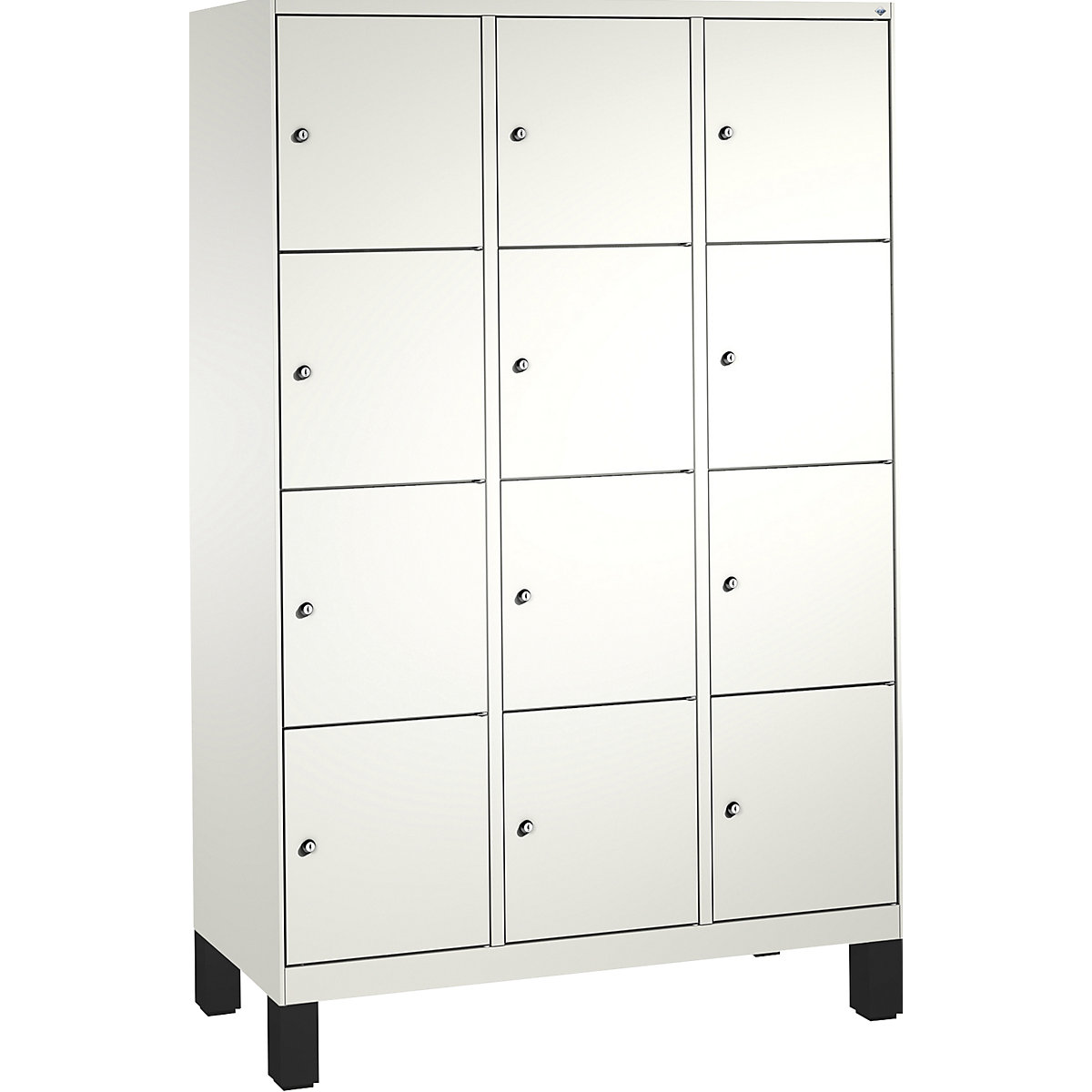 EVOLO locker unit, with feet – C+P, 3 compartments, 4 shelf compartments each, compartment width 400 mm, traffic white / traffic white-8