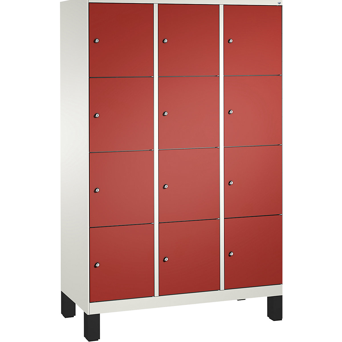 EVOLO locker unit, with feet – C+P, 3 compartments, 4 shelf compartments each, compartment width 400 mm, traffic white / flame red-7