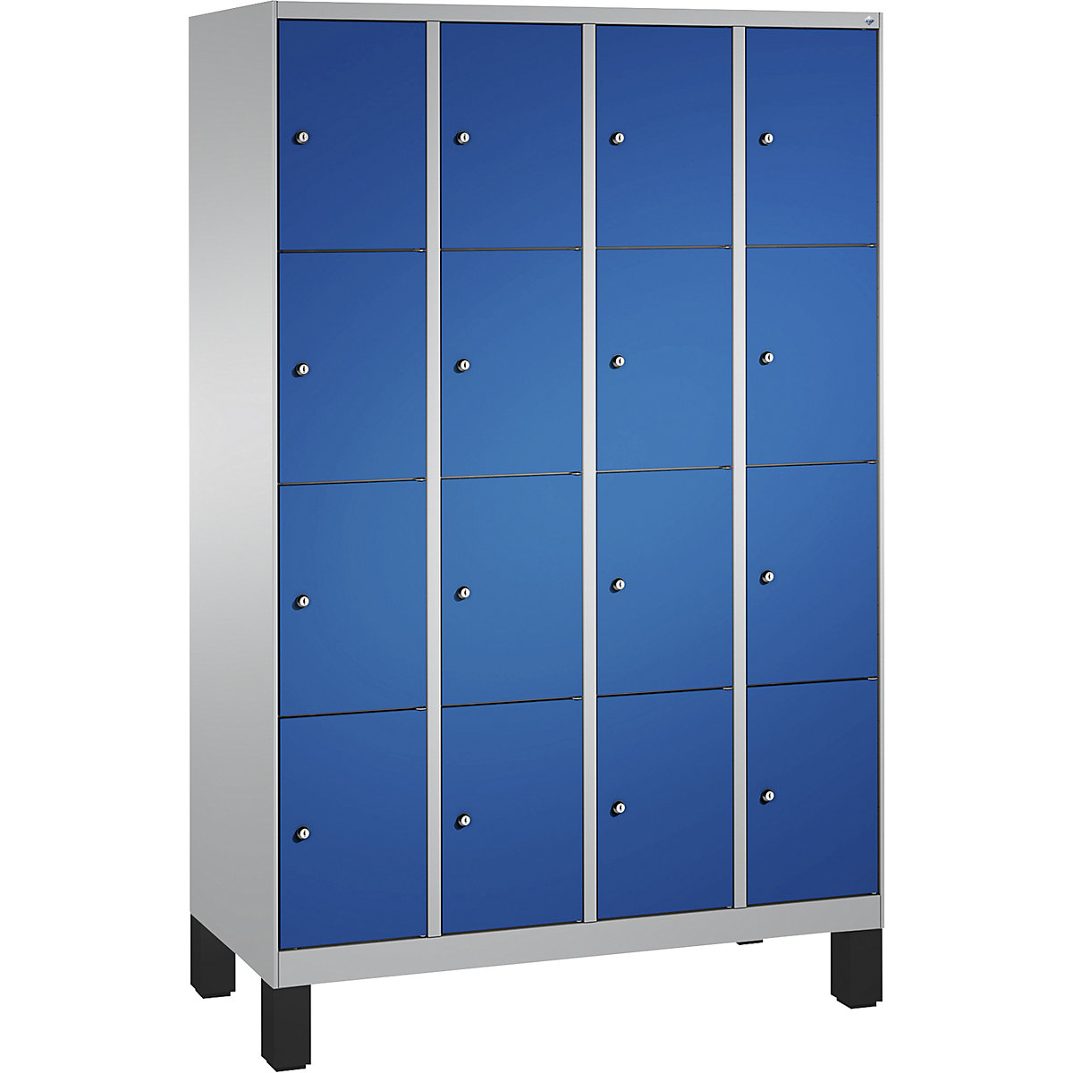 EVOLO locker unit, with feet – C+P, 4 compartments, 4 shelf compartments each, compartment width 300 mm, white aluminium / gentian blue-7