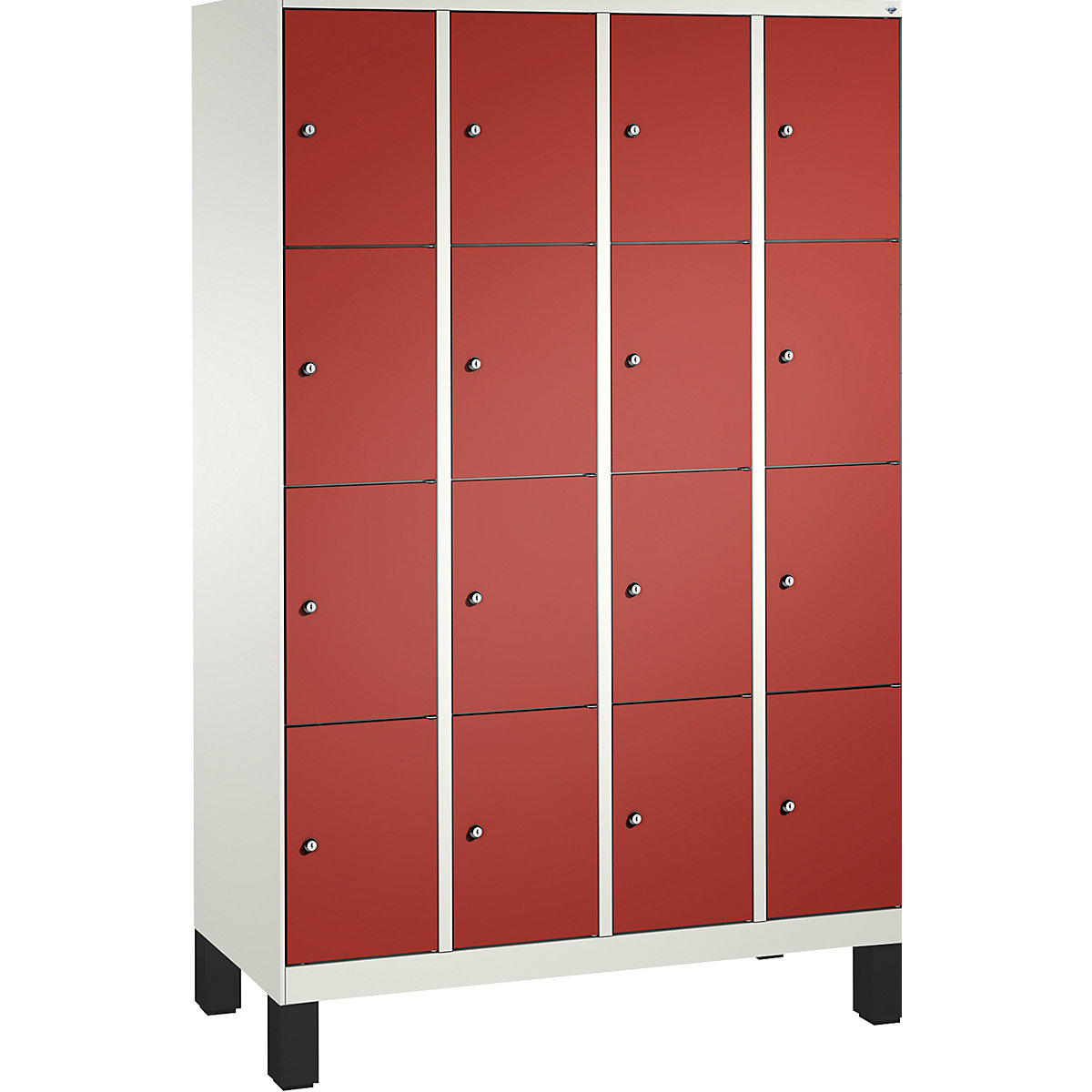 EVOLO locker unit, with feet – C+P, 4 compartments, 4 shelf compartments each, compartment width 300 mm, traffic white / flame red-5
