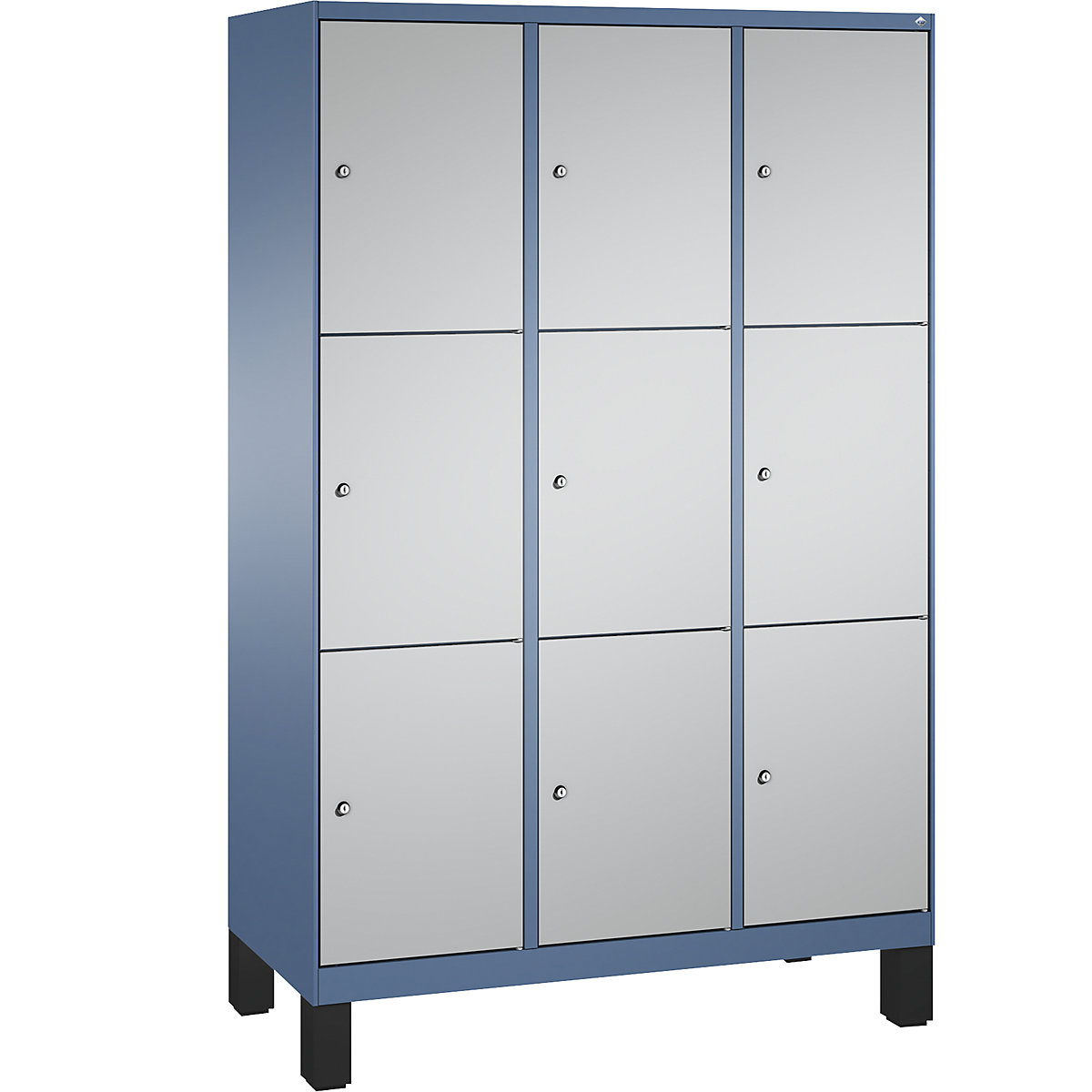 EVOLO locker unit, with feet – C+P, 3 compartments, 3 shelf compartments each, compartment width 400 mm, distant blue / white aluminium-7