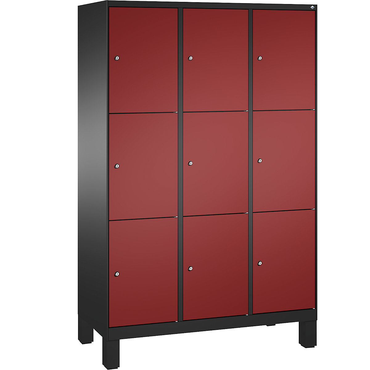 EVOLO locker unit, with feet – C+P, 3 compartments, 3 shelf compartments each, compartment width 400 mm, black grey / ruby red-2
