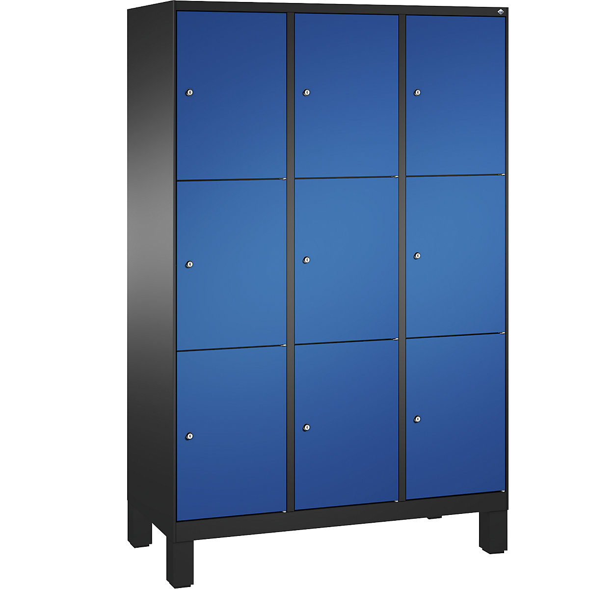 EVOLO locker unit, with feet – C+P, 3 compartments, 3 shelf compartments each, compartment width 400 mm, black grey / gentian blue-9
