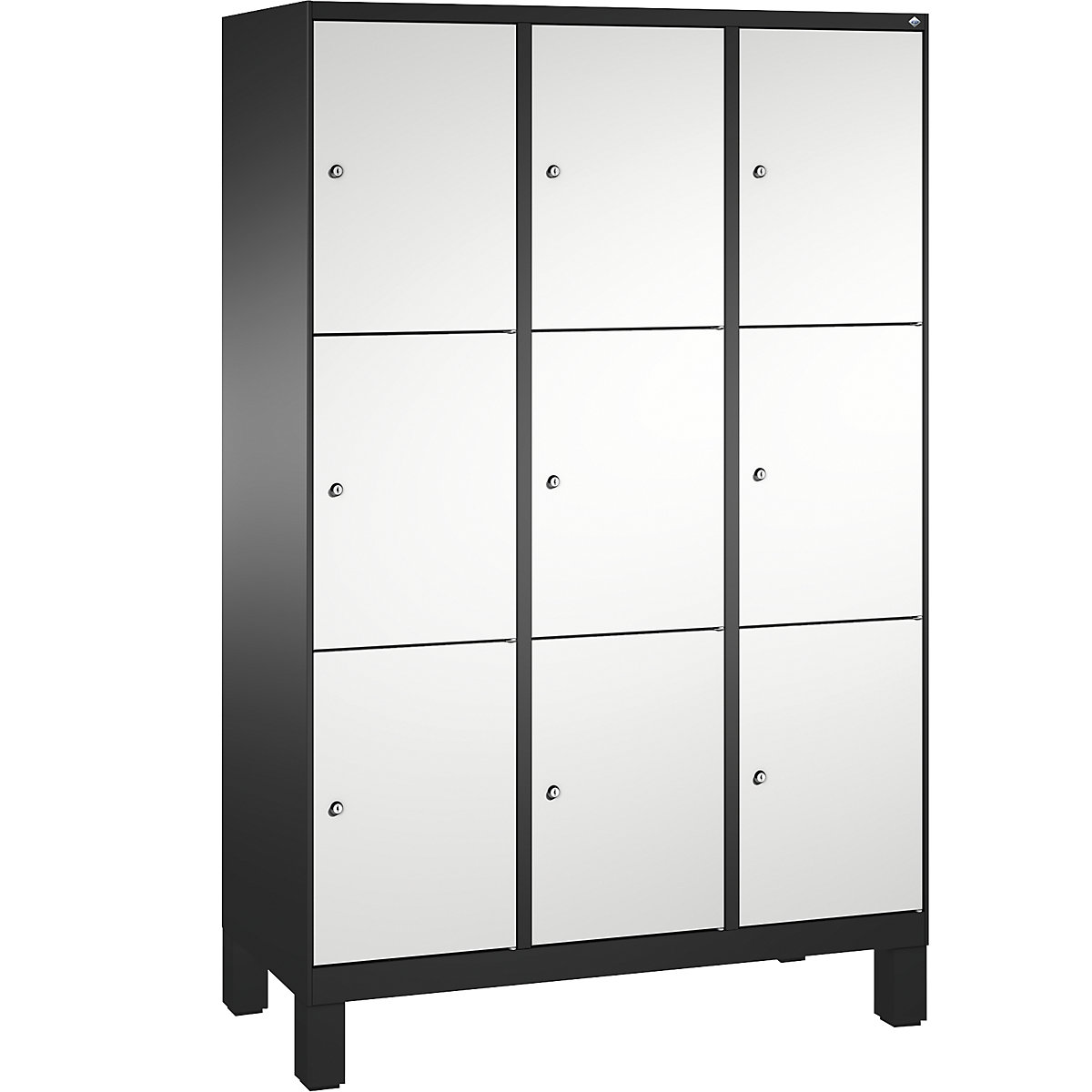 EVOLO locker unit, with feet – C+P, 3 compartments, 3 shelf compartments each, compartment width 400 mm, black grey / light grey-11