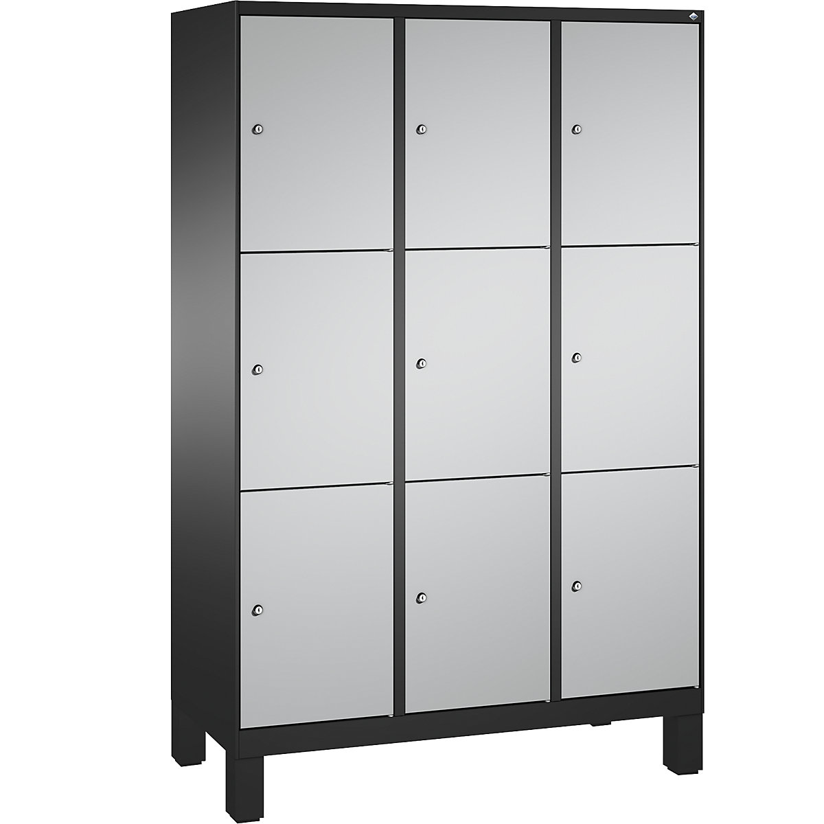 EVOLO locker unit, with feet – C+P, 3 compartments, 3 shelf compartments each, compartment width 400 mm, black grey / white aluminium-13