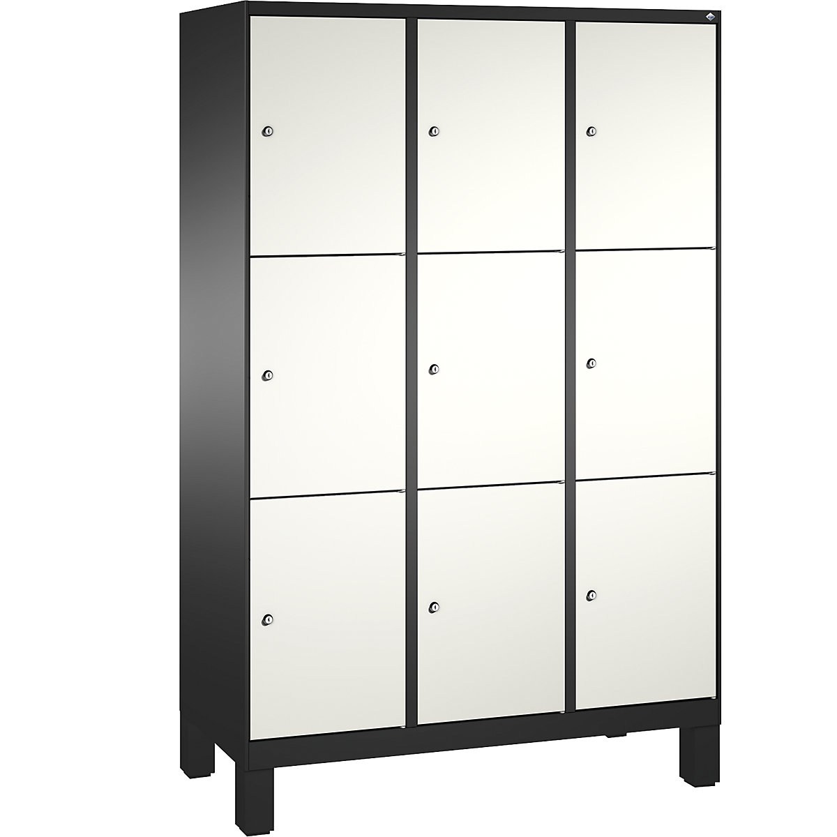 EVOLO locker unit, with feet – C+P, 3 compartments, 3 shelf compartments each, compartment width 400 mm, black grey / traffic white-3