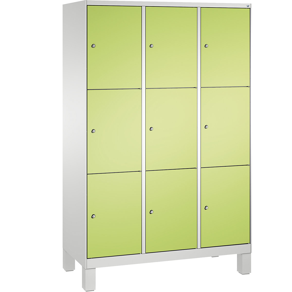 EVOLO locker unit, with feet – C+P, 3 compartments, 3 shelf compartments each, compartment width 400 mm, light grey / viridian green-8
